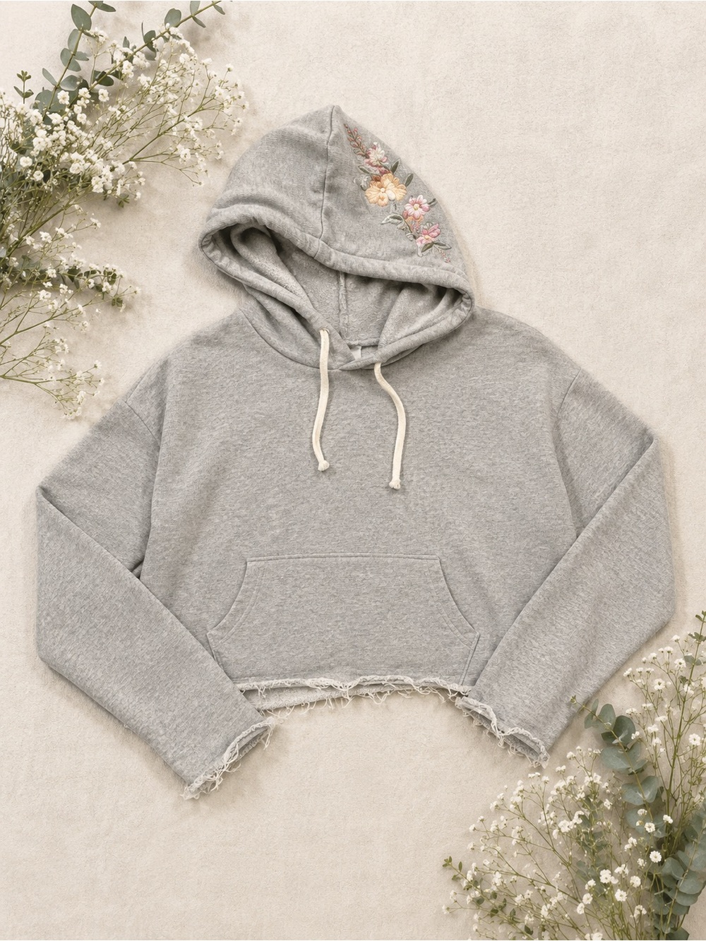 Betsey Johnson Cropped Hoodie Floral Embroidered Raw Hem Athleisure Sweatshirt